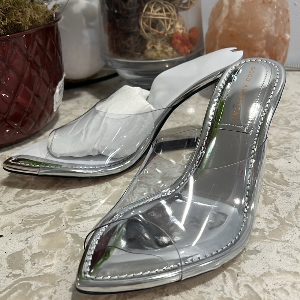 Good American Silver Mirror Wedge Sandals